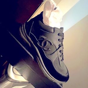 CHANEL Black Leather Logo Sneakers